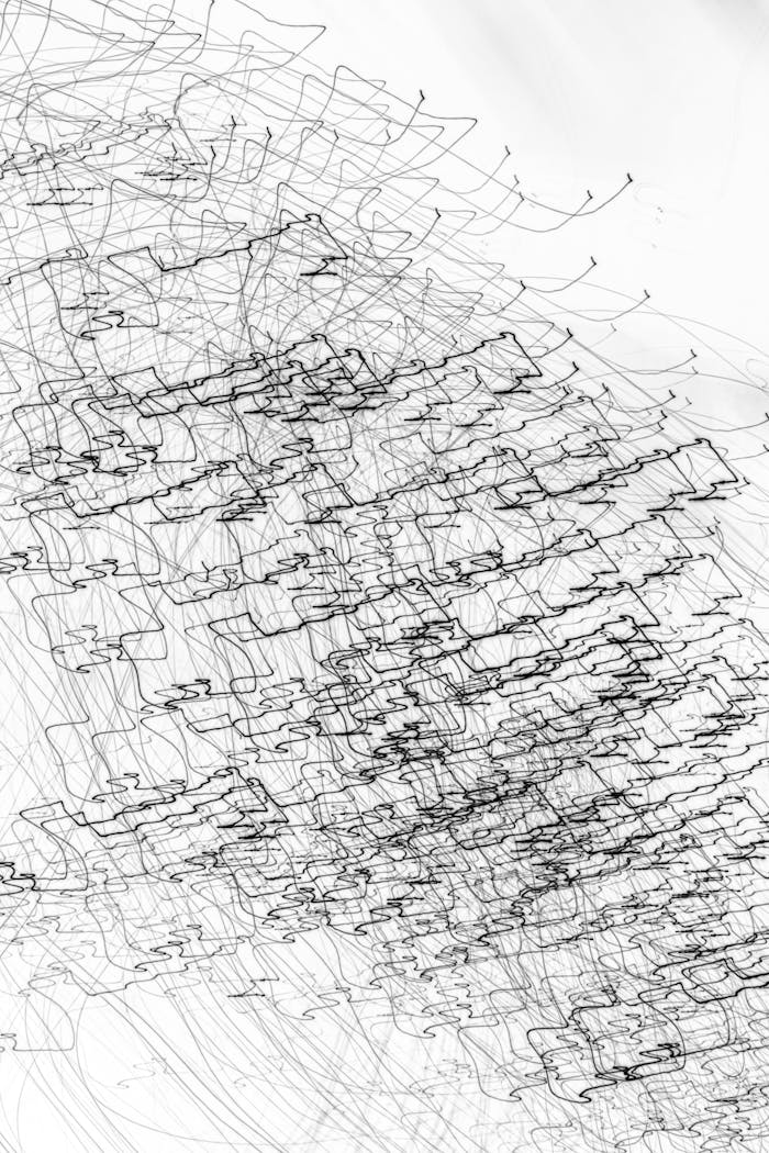 Dynamic abstract line art featuring complex patterns on a white backdrop, ideal for modern designs.